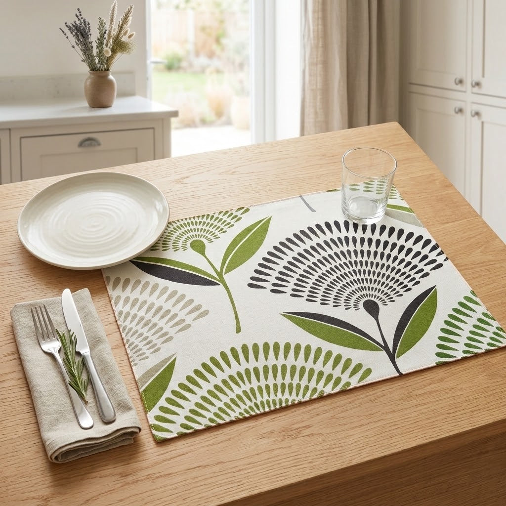 Dandelion Lime Green Fabric Placemats – Handmade Cotton Table Mats