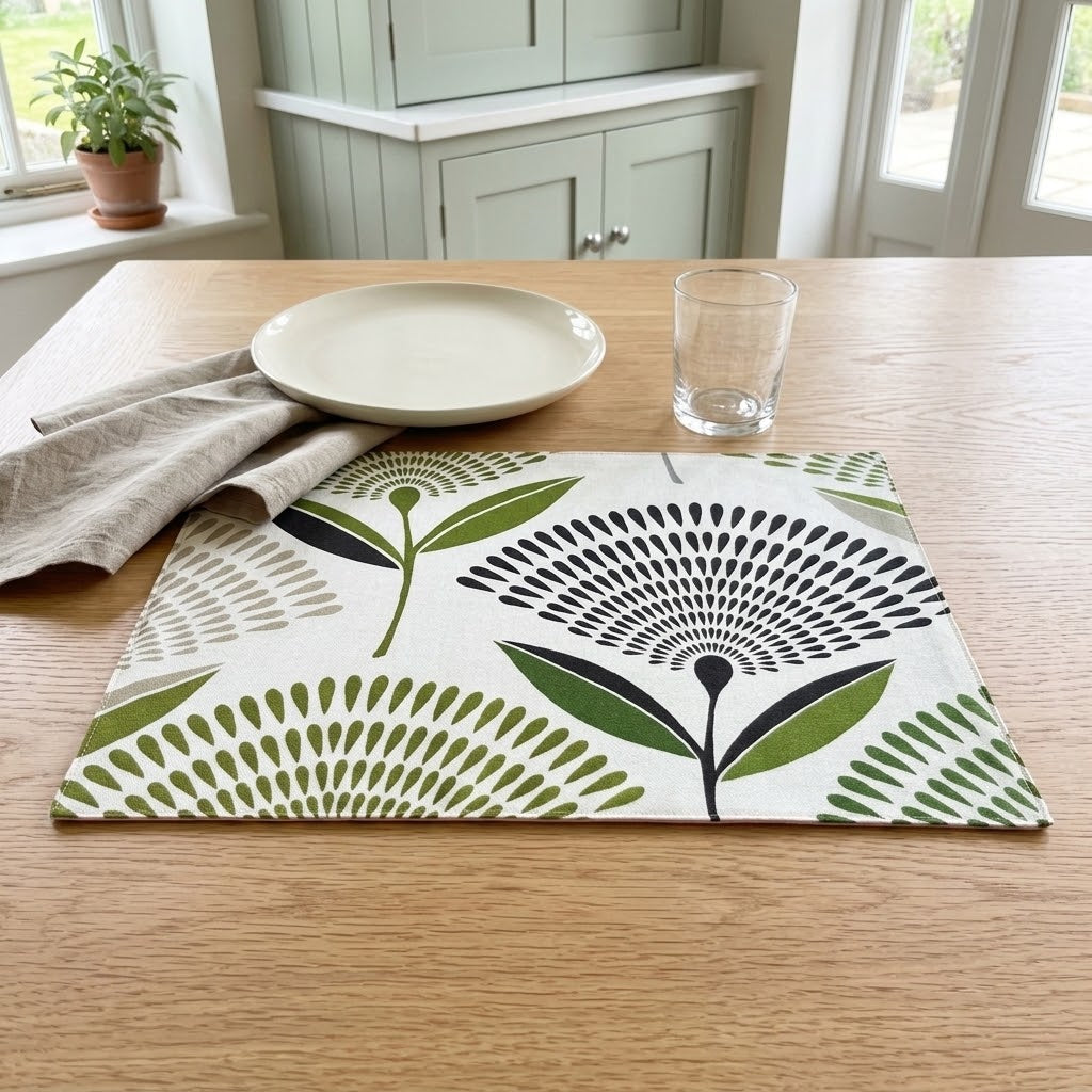 Dandelion Lime Green Fabric Placemats – Handmade Cotton Table Mats