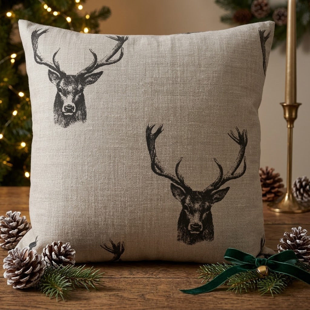 Rustic Stag Head Taupe Christmas Cushion Cover