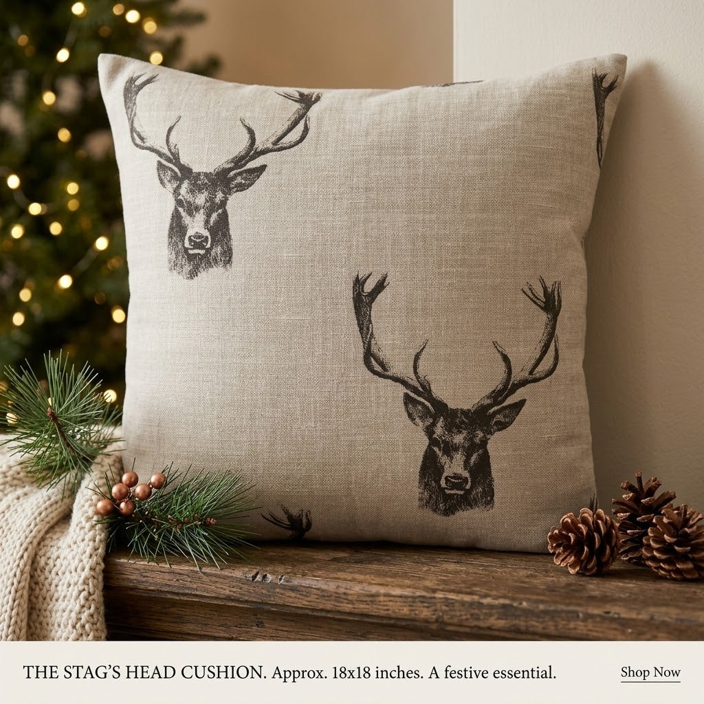 Rustic Stag Head Taupe Christmas Cushion Cover