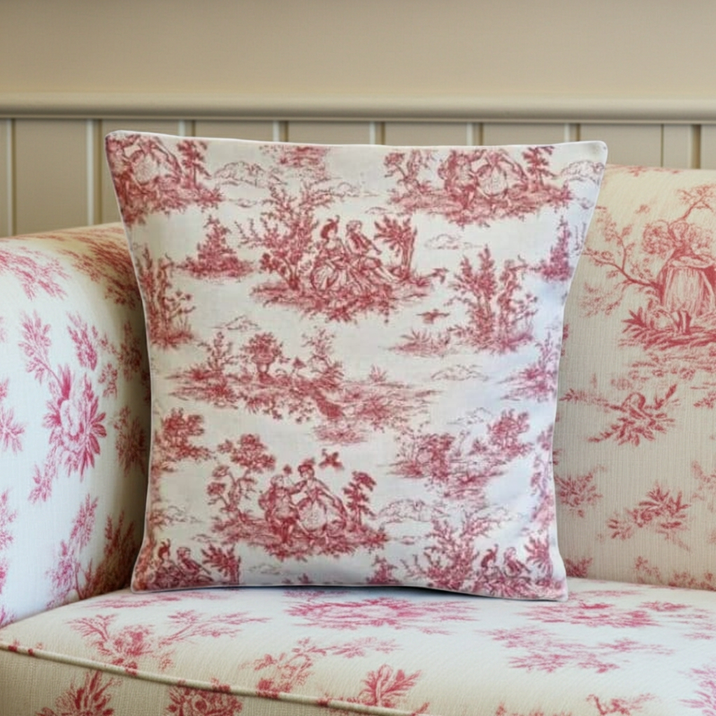 Red Vintage French Toile De Jouy Cushion Cover