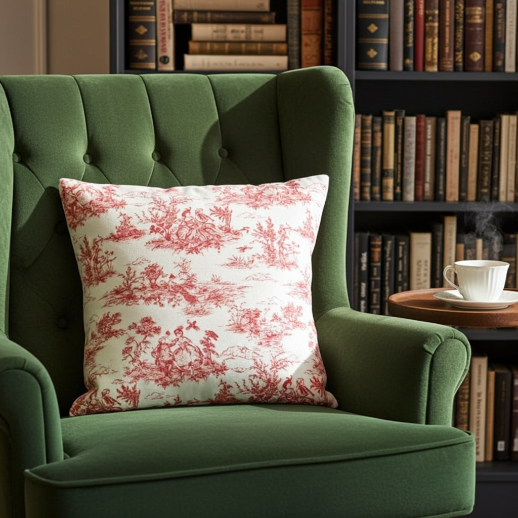 Red Vintage French Toile De Jouy Cushion Cover