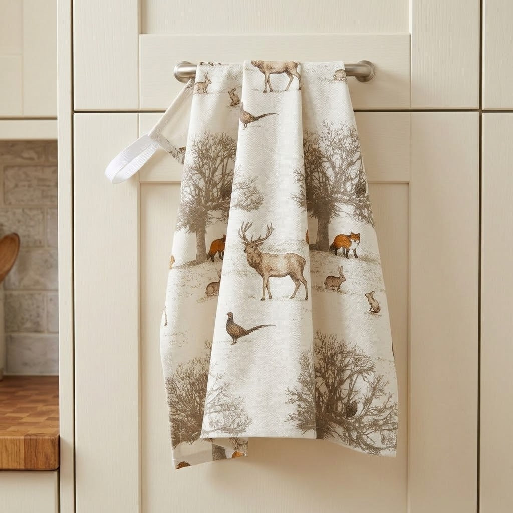 Woodland Stag & Deer Christmas Tea Towel – Tatton Autumn Wildlife Kitchen Towel