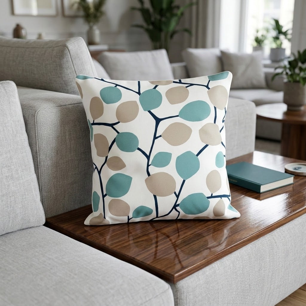 Clarke & Clarke Nissa Mineral Blue Beige Leaf Cushion Cover
