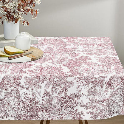 Toile de Jouy Romance Roses Floral White Carmine Red Tablecloth Available In Many Sizes