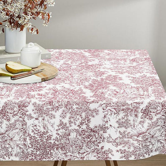 Toile de Jouy Romance Roses Floral White Carmine Red Tablecloth Available In Many Sizes