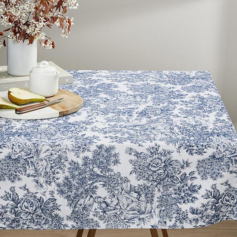 Toile de Jouy Romance Roses Floral White Blue Tablecloth Available In Many Sizes