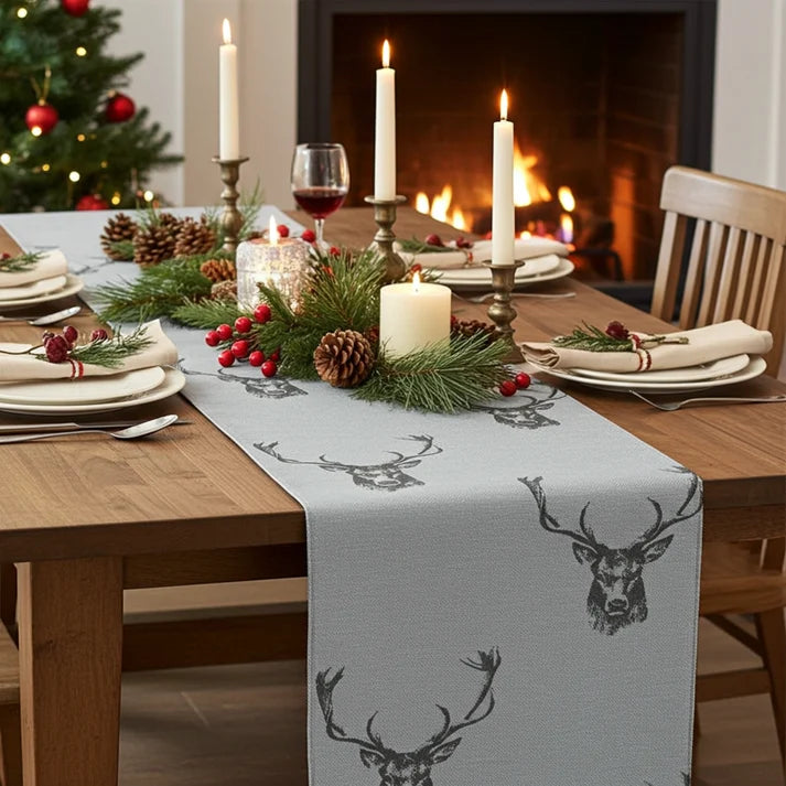 Christmas Stags Head Rustic Taupe Table Runner Napkins