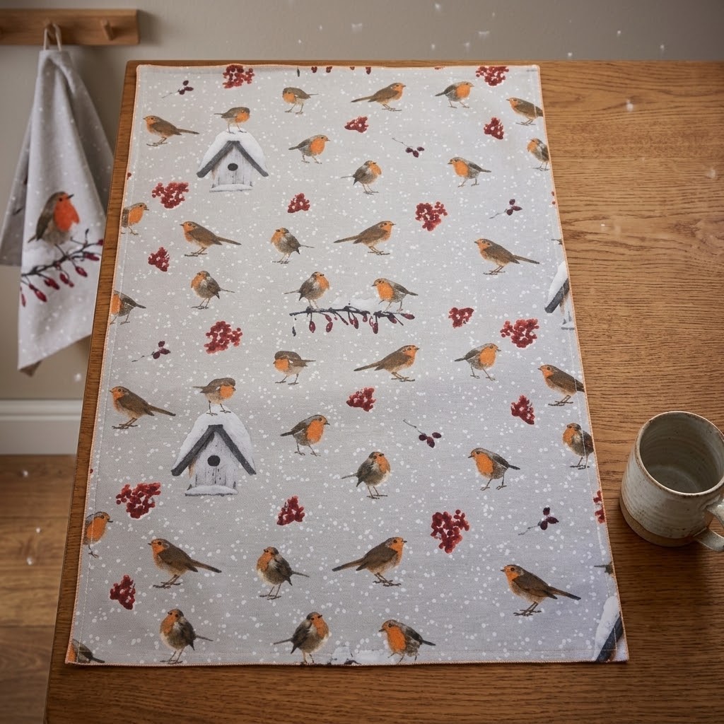 Winter Robin Christmas Tea Towel – Festive Bird & Berry Kitchen Towel