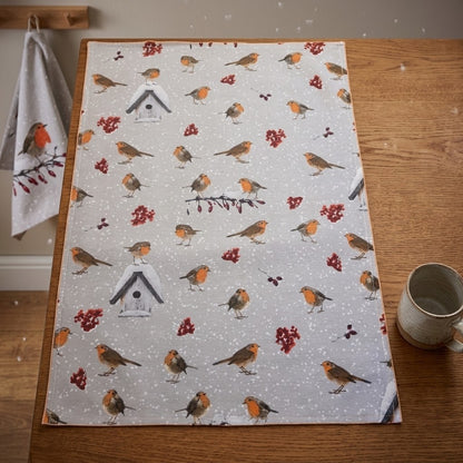 Winter Robin Christmas Tea Towel – Festive Bird & Berry Kitchen Towel