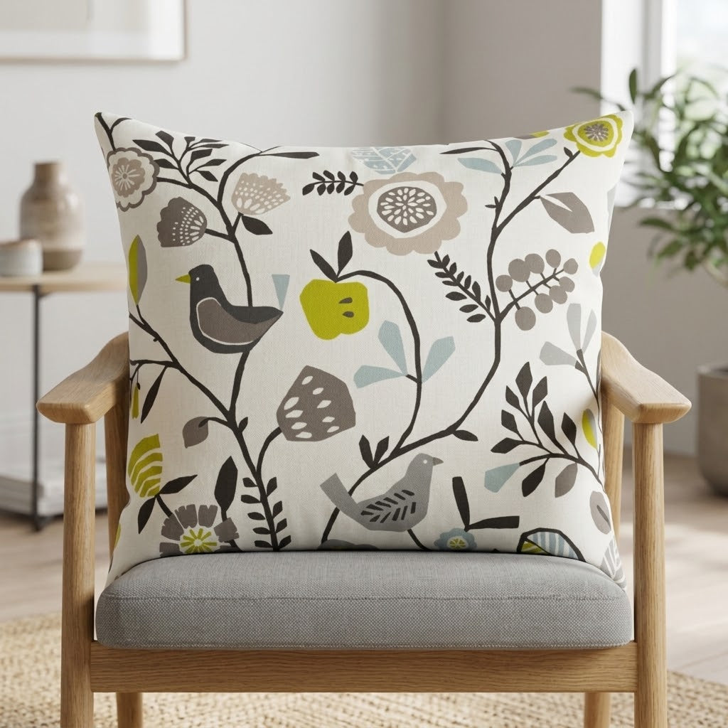 Folki Scandi Bird Floral Chartreuse Charcoal Cushion Cover