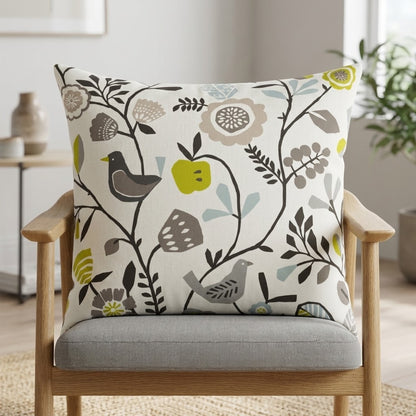 Folki Scandi Bird Floral Chartreuse Charcoal Cushion Cover