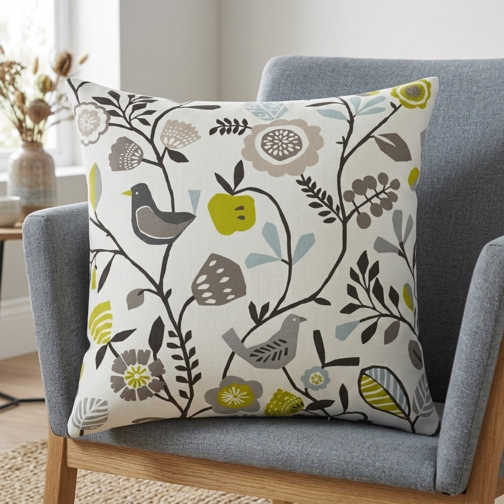 Folki Scandi Bird Floral Chartreuse Charcoal Cushion Cover