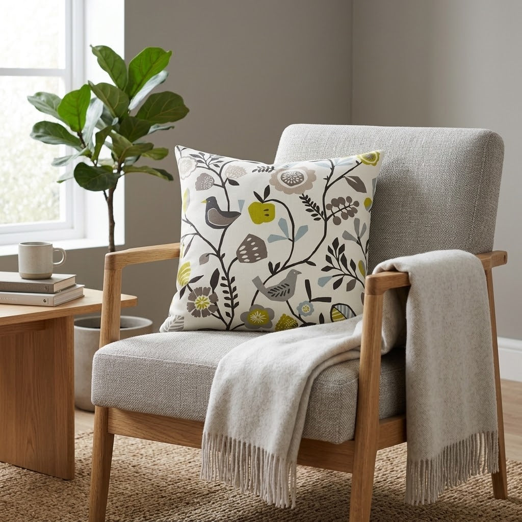 Folki Scandi Bird Floral Chartreuse Charcoal Cushion Cover