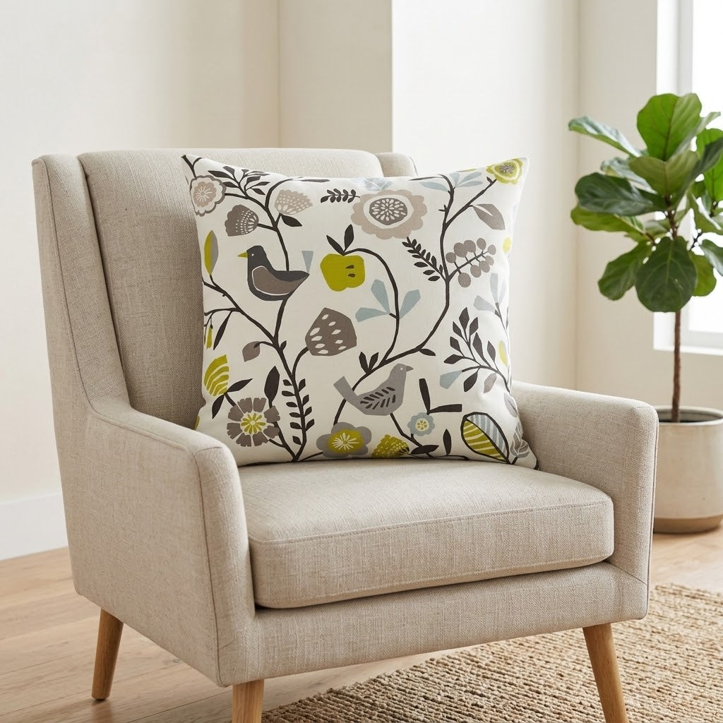 Folki Scandi Bird Floral Chartreuse Charcoal Cushion Cover