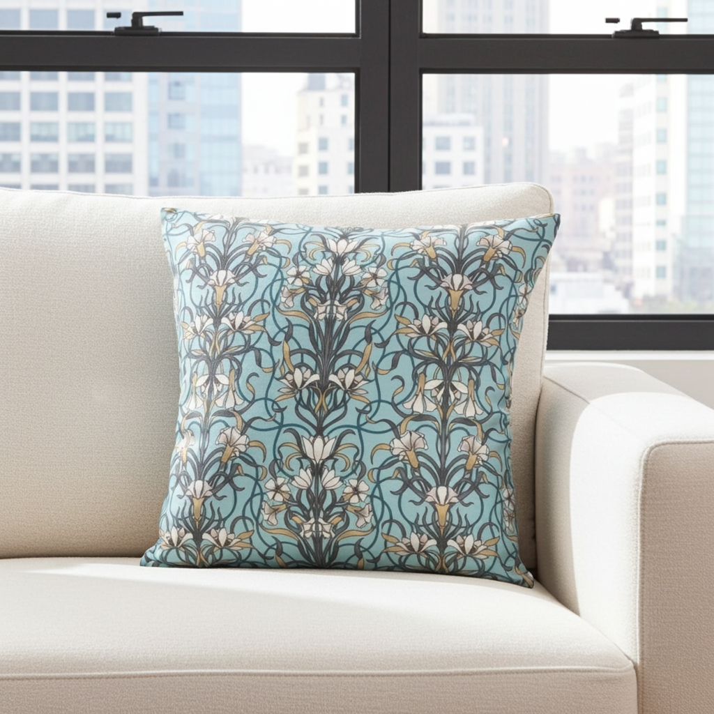 Arts & Crafts Style Floral Duck Egg Blue Cushion Cover