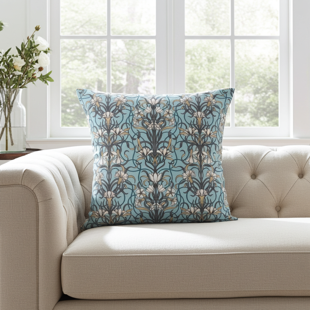 Arts & Crafts Style Floral Duck Egg Blue Cushion Cover