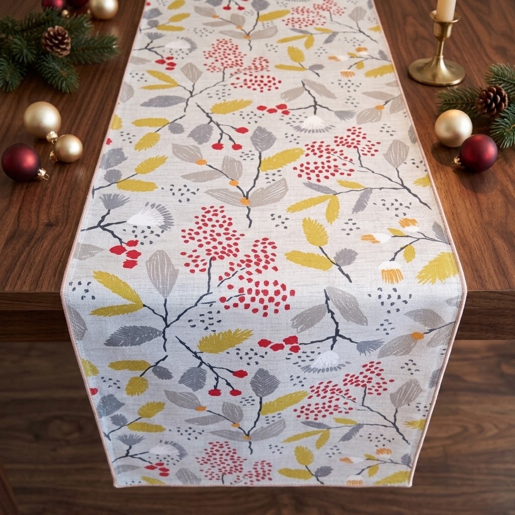 Tischläufer „Scandi Trail“ von Ashley Wilde, Grau-Rot-Gelb mit Blumenmuster, Weihnachtstischläufer, 122 cm, 137 cm, 152 cm, 163 cm, 183 cm, 213 cm, 244 cm, 264 cm, 100 % Baumwolle