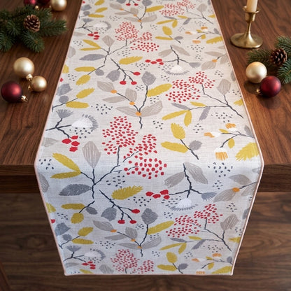Tischläufer „Scandi Trail“ von Ashley Wilde, Grau-Rot-Gelb mit Blumenmuster, Weihnachtstischläufer, 122 cm, 137 cm, 152 cm, 163 cm, 183 cm, 213 cm, 244 cm, 264 cm, 100 % Baumwolle