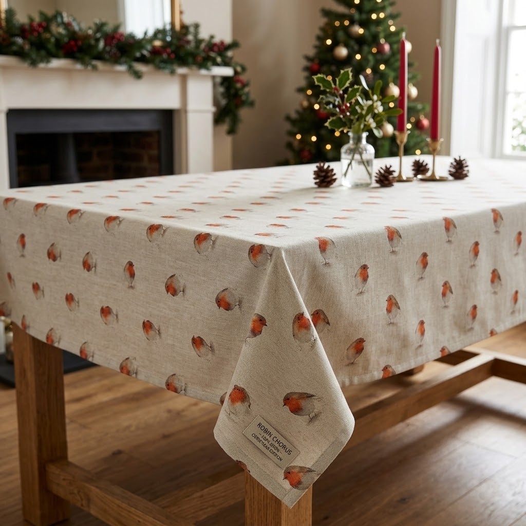 Weihnachtstischdecke aus Leinen, rot-beige, mit Rotkehlchen-Motiv, 100 % Baumwolle, handgefertigt