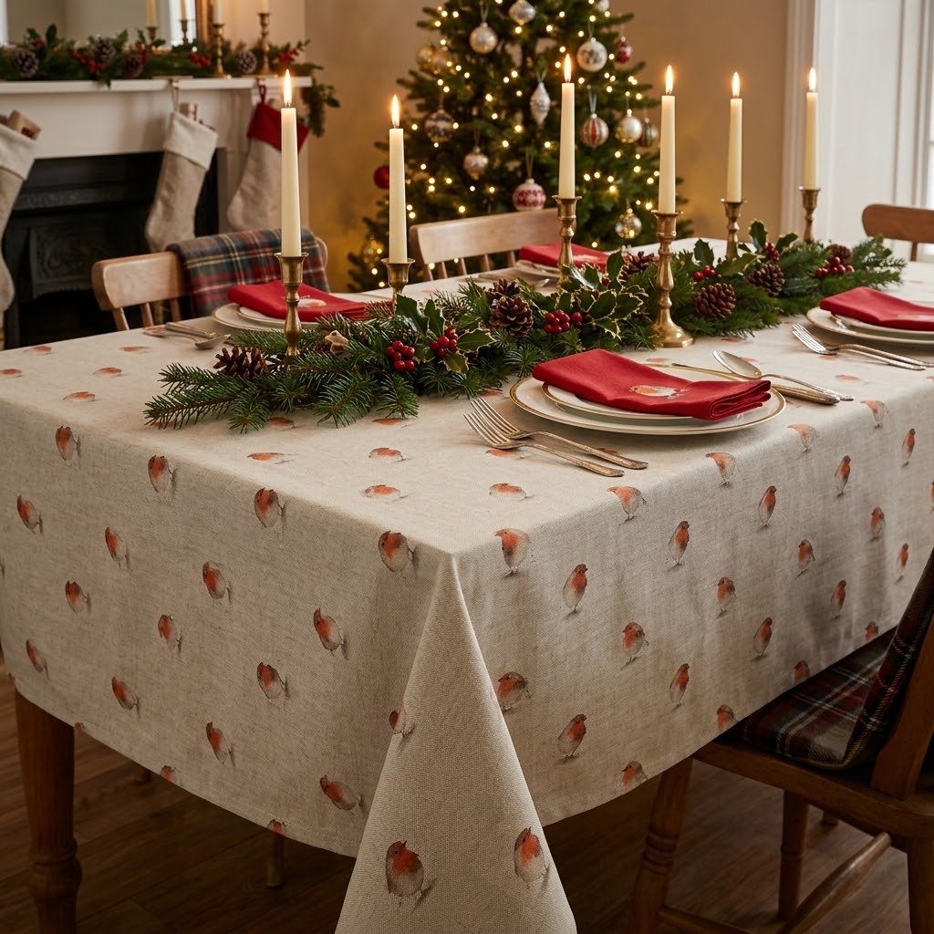 Weihnachtstischdecke aus Leinen, rot-beige, mit Rotkehlchen-Motiv, 100 % Baumwolle, handgefertigt