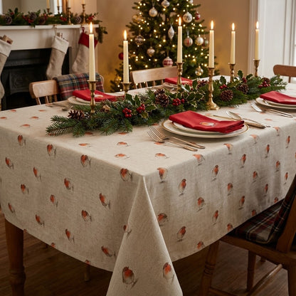 Weihnachtstischdecke aus Leinen, rot-beige, mit Rotkehlchen-Motiv, 100 % Baumwolle, handgefertigt