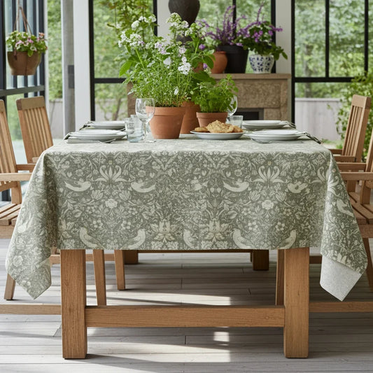 William Morris Strawberry Thief Natural Coated Tablecloth - Water Resistant Outdoor Indoor