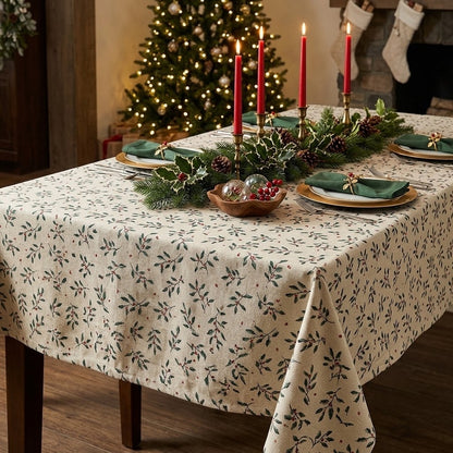 Christmas Holly & Berries Natural Cotton Tablecloth