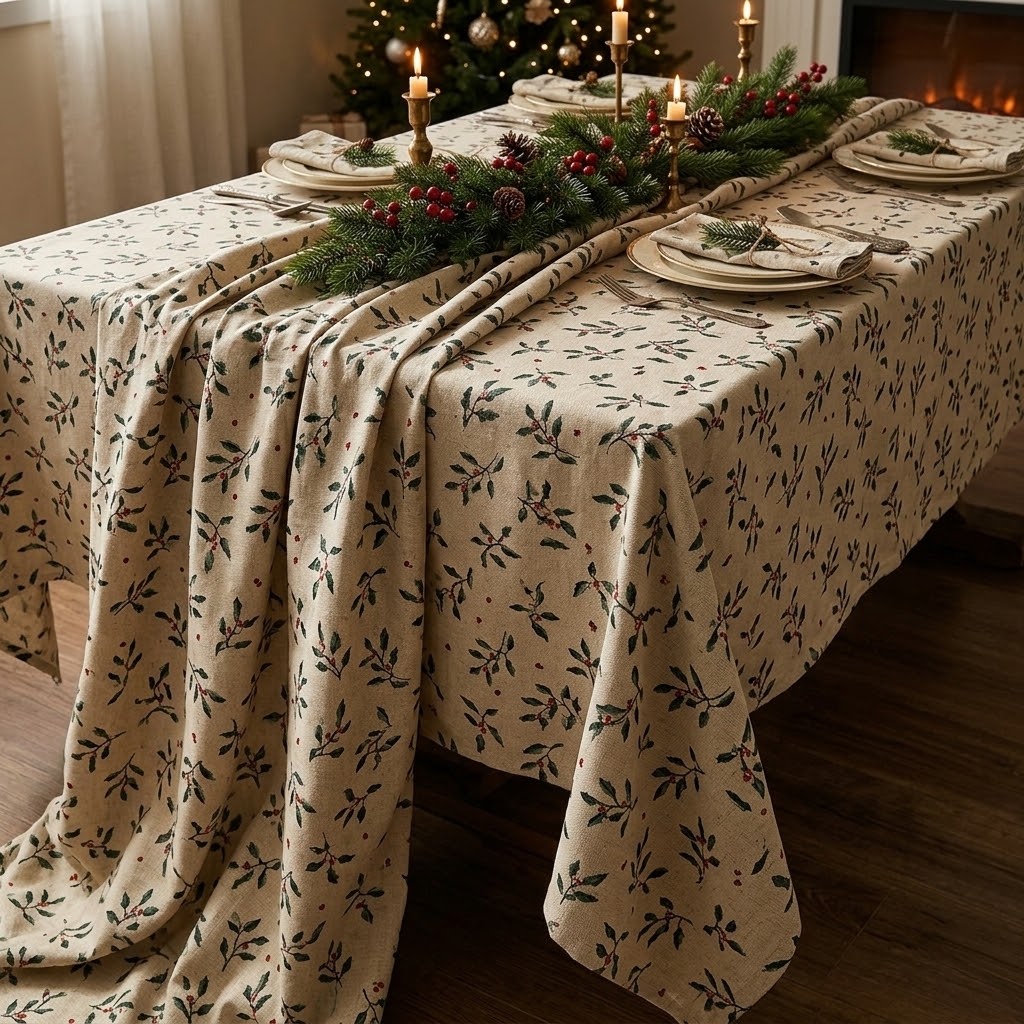 Christmas Holly & Berries Natural Cotton Tablecloth