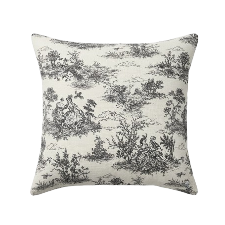 Schwarzer Vintage-Kissenbezug im französischen Toile-de-Jouy-Muster