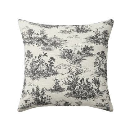 Schwarzer Vintage-Kissenbezug im französischen Toile-de-Jouy-Muster