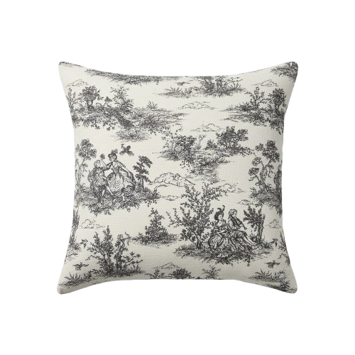 Schwarzer Vintage-Kissenbezug im französischen Toile-de-Jouy-Muster