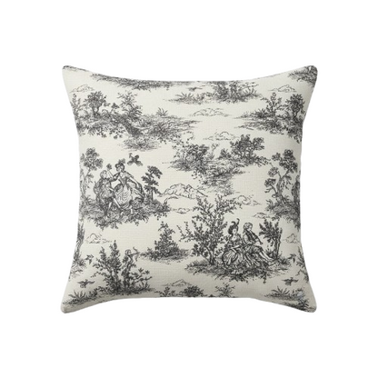 Schwarzer Vintage-Kissenbezug im französischen Toile-de-Jouy-Muster