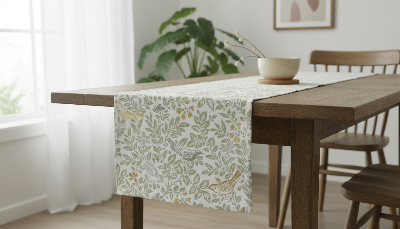 Tischläufer, Servietten mit Vogelgesang-Motiv, Herbstgrün, Orange, Gelb, Vogel- und Blumendesign, erhältlich in den Größen 36", 48", 54", 60", 64", 72", 84", 96", 104", UK
