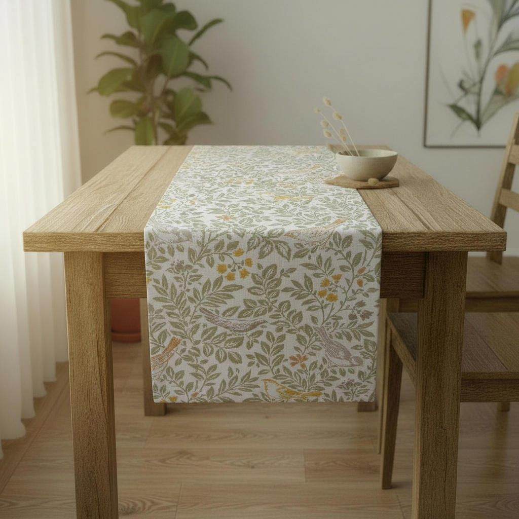Tischläufer, Servietten mit Vogelgesang-Motiv, Herbstgrün, Orange, Gelb, Vogel- und Blumendesign, erhältlich in den Größen 36", 48", 54", 60", 64", 72", 84", 96", 104", UK