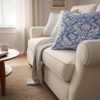 Heathland Indigo Blue Floral Wildlife Hares Game Cushion Cover