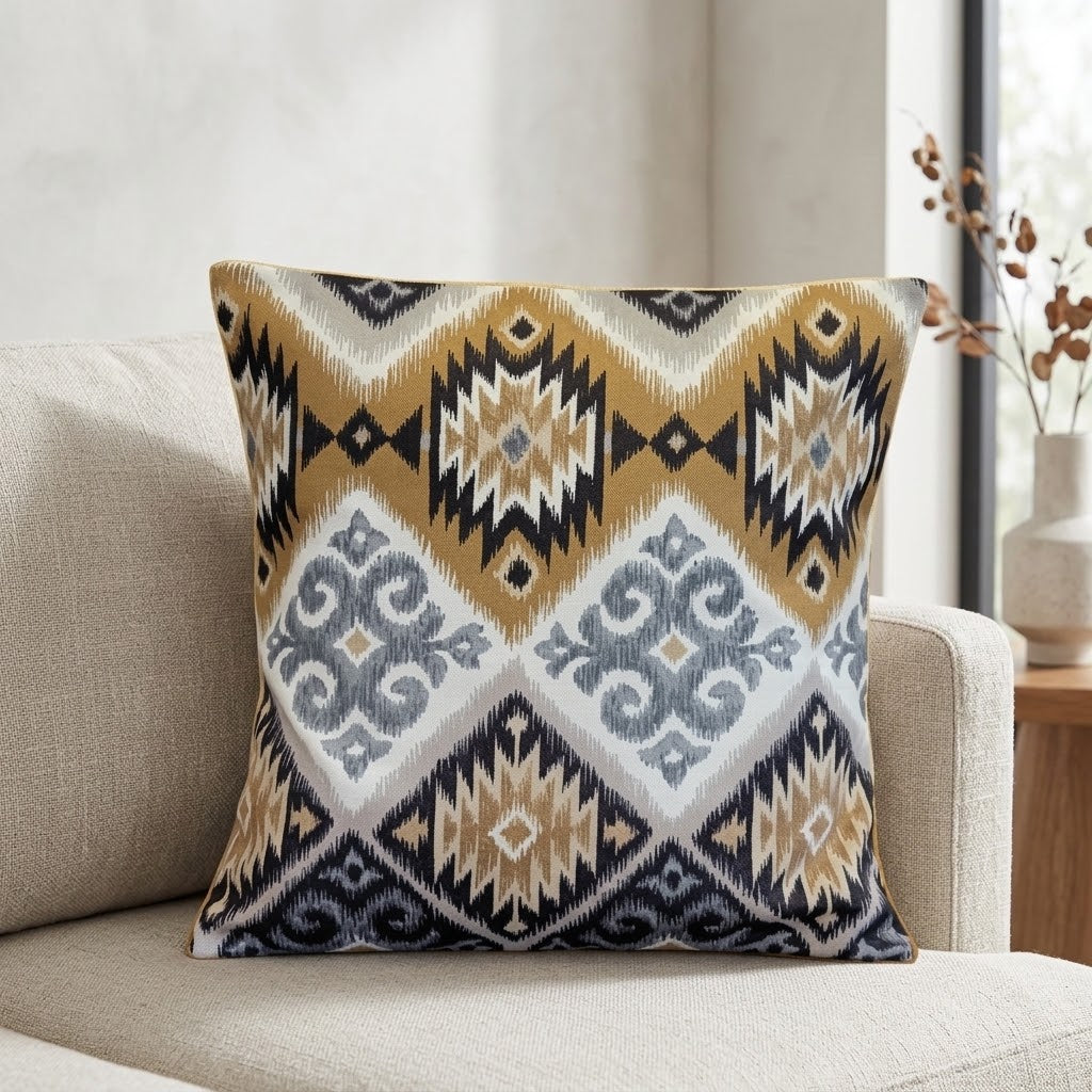 Kissenbezug im Navajo-Azteken-Stil mit geometrischem Muster, Tamarindenbraun und Beige, erhältlich in den Größen 25, 30, 35, 40, 43, 46, 46, 51, 56, 61 und 66 cm. Handgefertigt aus 100 % Baumwolle.