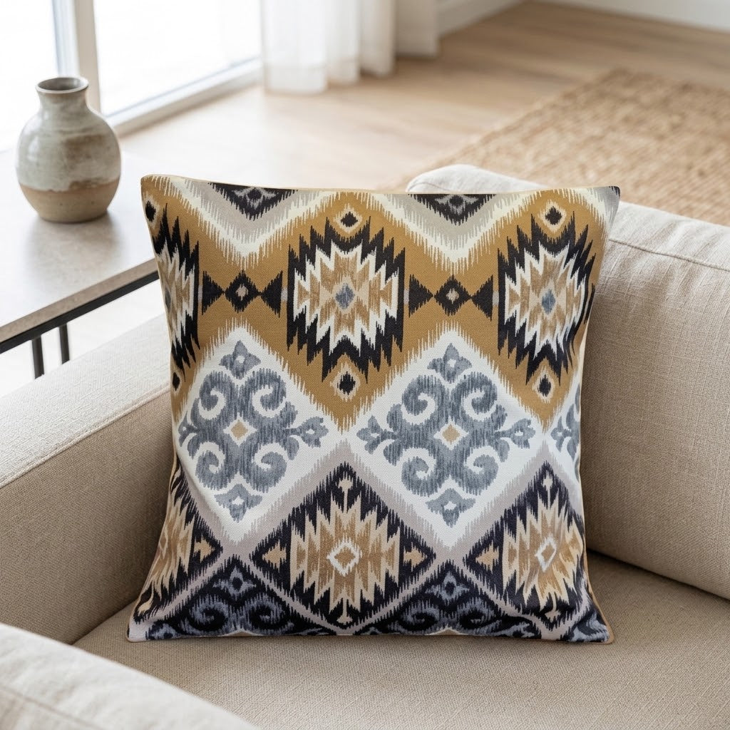 Kissenbezug im Navajo-Azteken-Stil mit geometrischem Muster, Tamarindenbraun und Beige, erhältlich in den Größen 25, 30, 35, 40, 43, 46, 46, 51, 56, 61 und 66 cm. Handgefertigt aus 100 % Baumwolle.