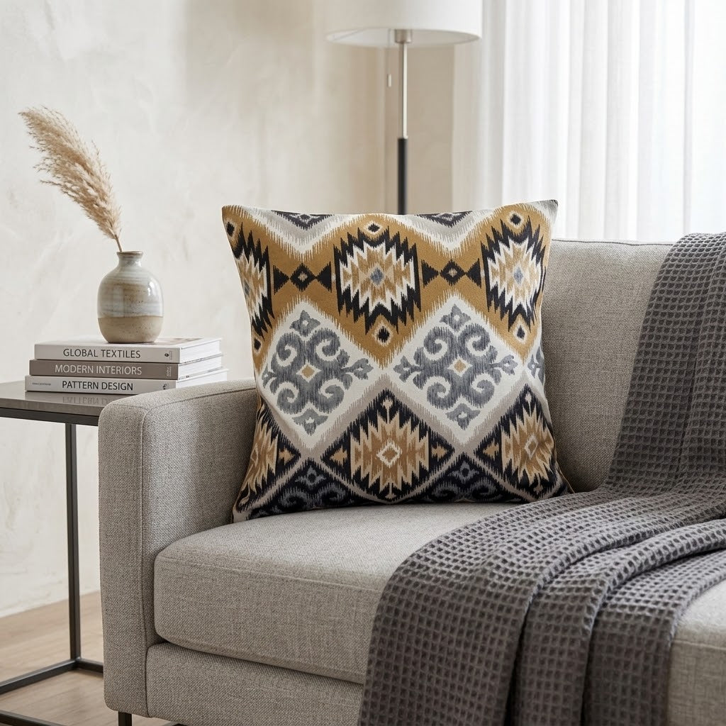 Kissenbezug im Navajo-Azteken-Stil mit geometrischem Muster, Tamarindenbraun und Beige, erhältlich in den Größen 25, 30, 35, 40, 43, 46, 46, 51, 56, 61 und 66 cm. Handgefertigt aus 100 % Baumwolle.