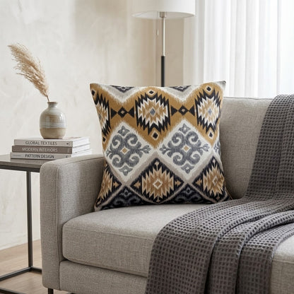 Kissenbezug im Navajo-Azteken-Stil mit geometrischem Muster, Tamarindenbraun und Beige, erhältlich in den Größen 25, 30, 35, 40, 43, 46, 46, 51, 56, 61 und 66 cm. Handgefertigt aus 100 % Baumwolle.