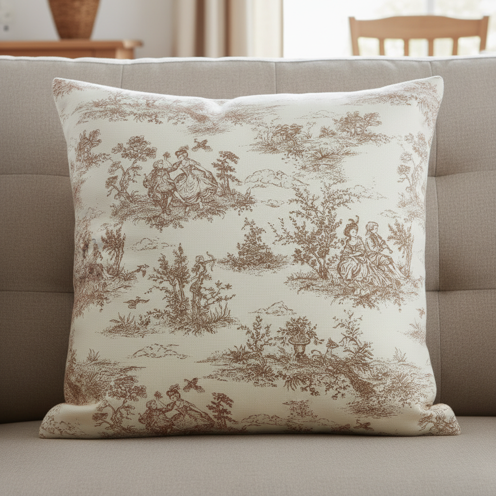Natürlicher Vintage Französischer Toile De Jouy Kissenbezug