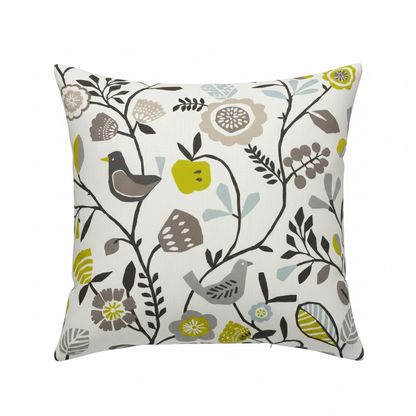 Folki Scandi Bird Floral Chartreuse Charcoal Cushion Cover