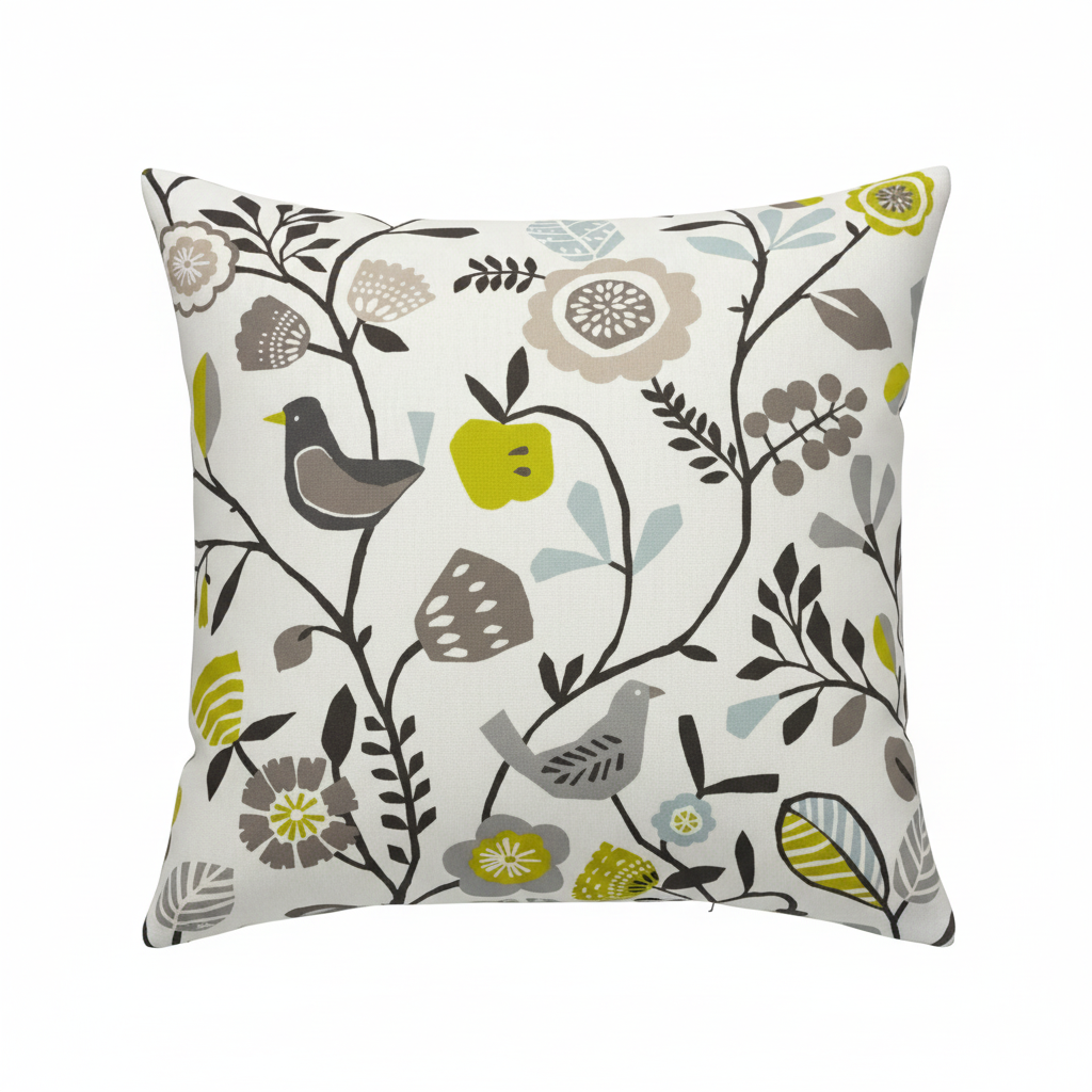 Folki Scandi Bird Floral Chartreuse Charcoal Cushion Cover