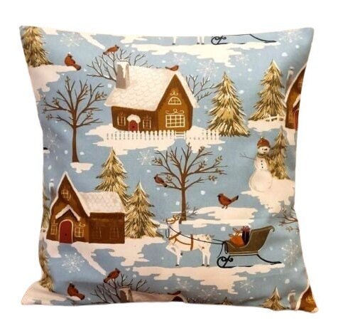 Christmas Cushion Cover , Blue Santa Sleigh Pillow Cover , Robin Pillow Cover 10" 12" 14" 16" 17" 18" 20" 22" 24" 26" - CushionCoverAndDecor