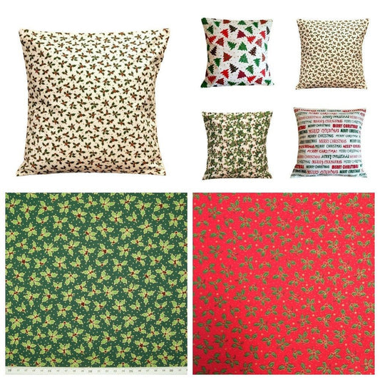 Christmas Cushion Cover Christmas Holly Red Green Cream Design 10" 12" 14" 16" 17" 18" 20" 22" 24" 26" - CushionCoverAndDecor