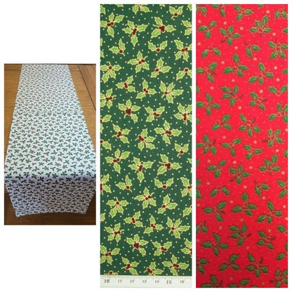 Christmas Holly Table Runner Red Green Cream 36" 48" 54" 60" 64" 72" 84" 96" 104" Handmade - CushionCoverAndDecor