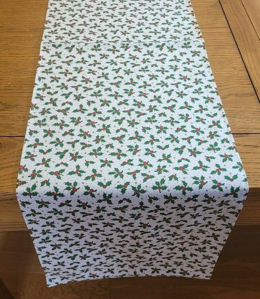 Christmas Holly Table Runner Red Green Cream 36" 48" 54" 60" 64" 72" 84" 96" 104" Handmade - CushionCoverAndDecor