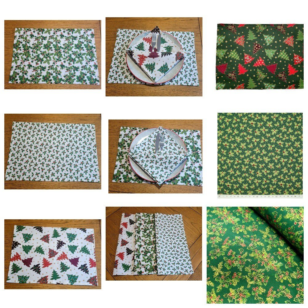 Christmas Placemat , Christmas Napkins , Cloth Napkin , Red Green Cream Christmas Tree , Holly , Merry Christmas Design - CushionCoverAndDecor