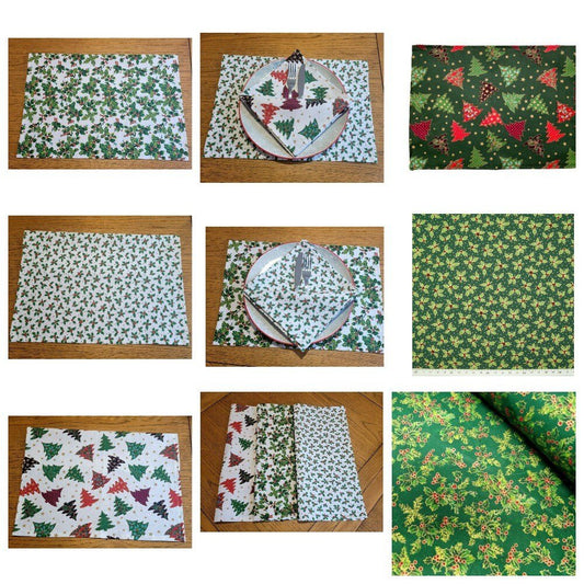 Christmas Placemat , Christmas Napkins , Cloth Napkin , Red Green Cream Christmas Tree , Holly , Merry Christmas Design - CushionCoverAndDecor