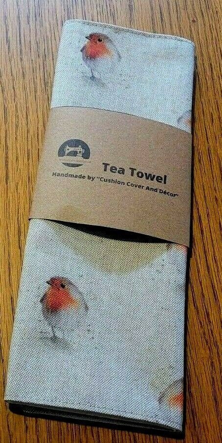 Christmas Robin Tea Towel Natural Beige Cotton Rich Linen Fabric - CushionCoverAndDecor